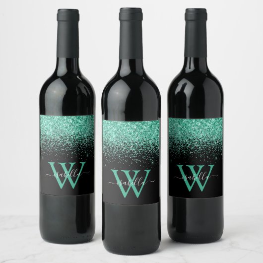Monogrammed Black Mint Glitter Script Wijn Etiket (Flessen)