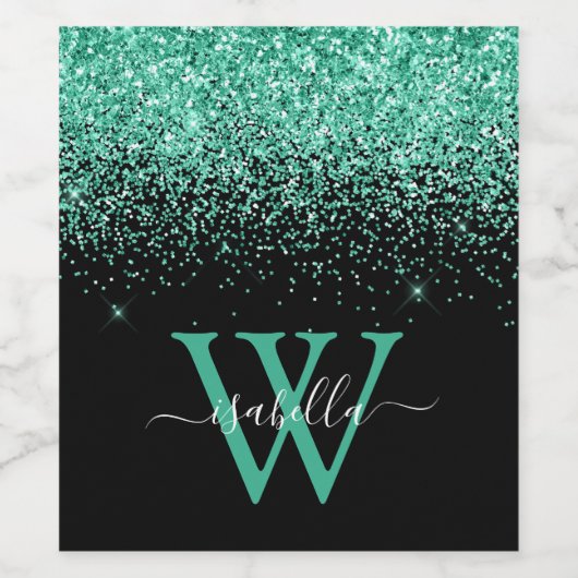 Monogrammed Black Mint Glitter Script Wijn Etiket (Enkel label)