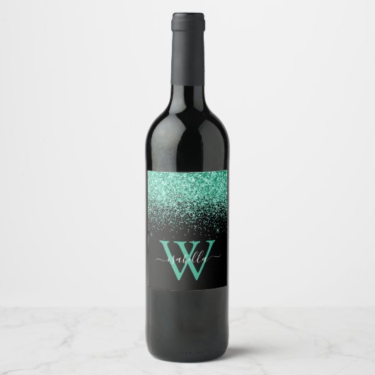 Monogrammed Black Mint Glitter Script Wijn Etiket (Voorkant)