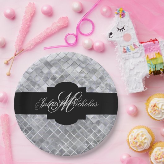 Monogrammed Black & Silver 25th Jubileum Papieren Bordje (Feest)