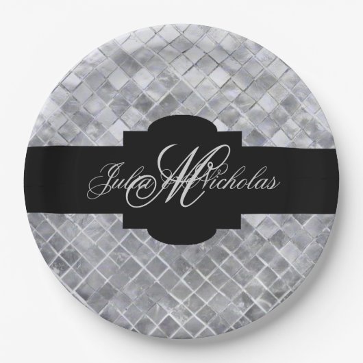Monogrammed Black & Silver 25th Jubileum Papieren Bordje (Voorkant)