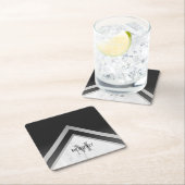 Monogrammed Black Silver Marble Geometric Kartonnen Onderzetters (Insitu)