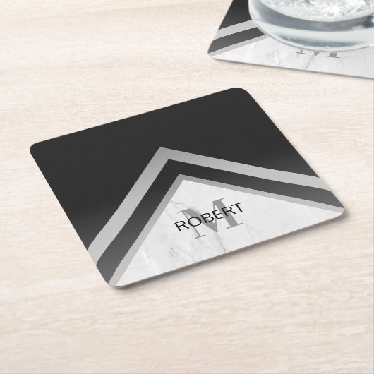 Monogrammed Black Silver Marble Geometric Kartonnen Onderzetters (Schuin)