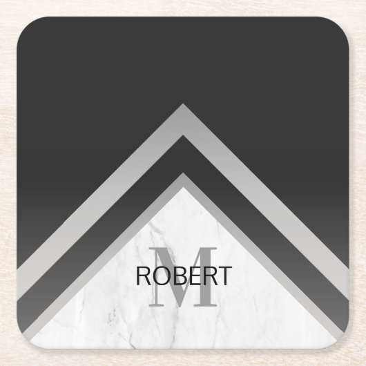 Monogrammed Black Silver Marble Geometric Kartonnen Onderzetters (Voorkant)