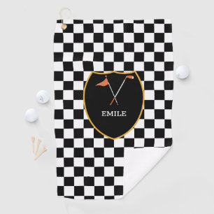 Monogrammed Black White Checks & golfclub & vlag Golfhanddoek