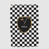 Monogrammed Black White Checks & golfclub & vlag Golfhanddoek (Voorkant)