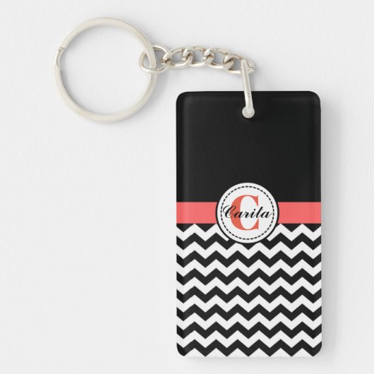 Monogrammed Black/White Chevron AcrylSleutelhanger Sleutelhanger (Voorkant)