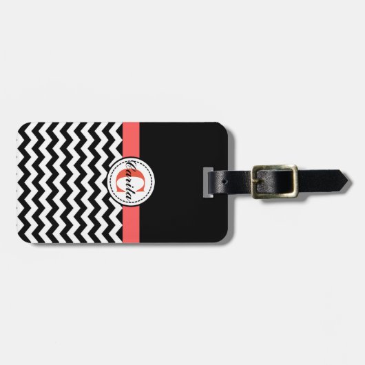 Monogrammed Black/White Chevron Bagagelabel (Voorkant horizontaal)
