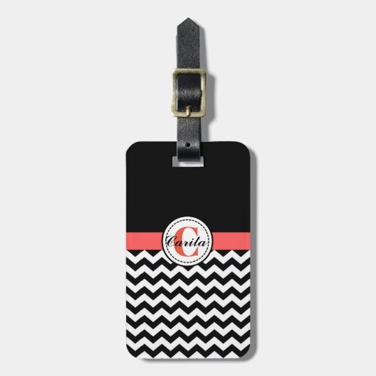 Monogrammed Black/White Chevron Bagagelabel (Voorkant verticaal)