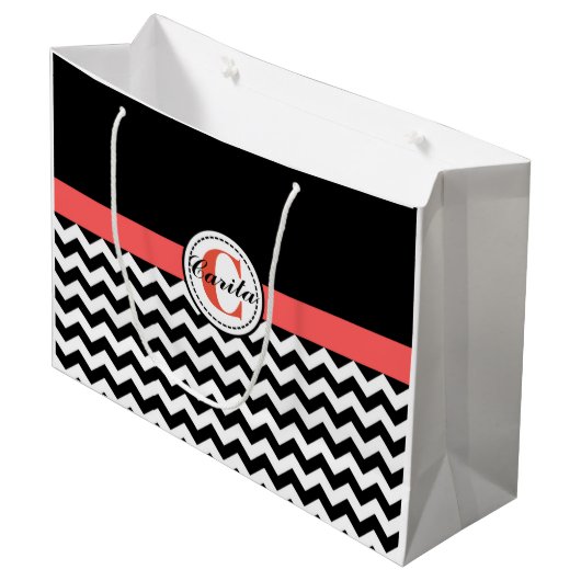 Monogrammed Black/White Chevron Gift Bag Groot Cadeauzakje (Voorkant Gekanteld)