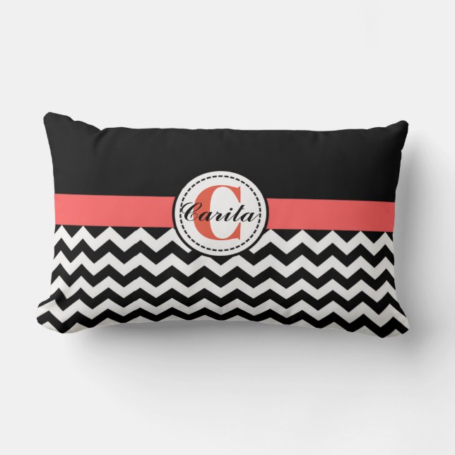 Monogrammed Black/White Chevron Pillow Kussen (Voorkant)