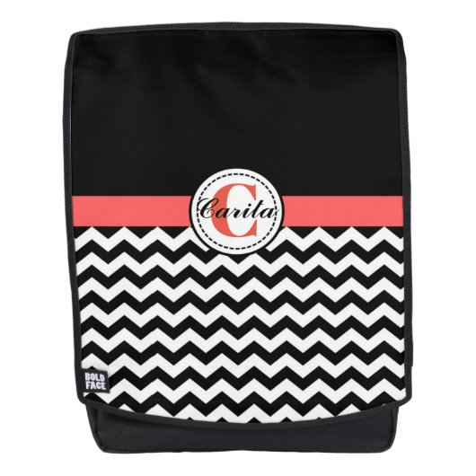 Monogrammed Black/White Chevron-rugzak Rugtassen (Voorkant)