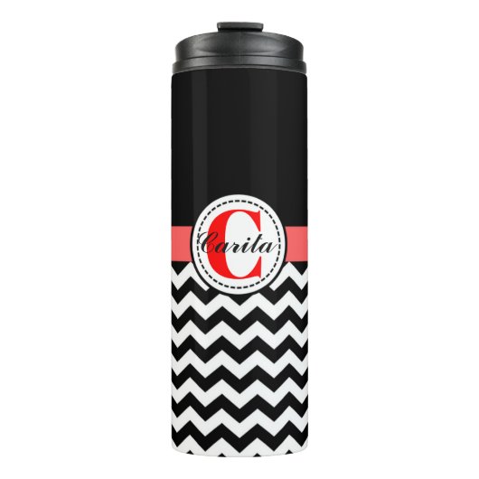 Monogrammed Black/White Chevron Thermal Tumbler Thermosbeker (Voorkant)