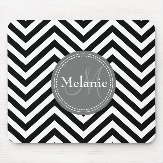 Monogrammed Black White Grey Chevron Quatrefoil Muismat (Voorkant)