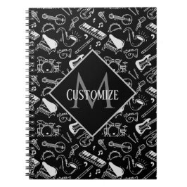 Monogrammed Black & White Instruments Pattern Notitieboek