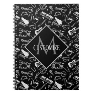 Monogrammed Black & White Instruments Pattern Notitieboek