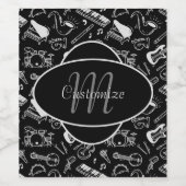 Monogrammed Black & White Instruments Pattern Wijn Etiket (Enkel label)