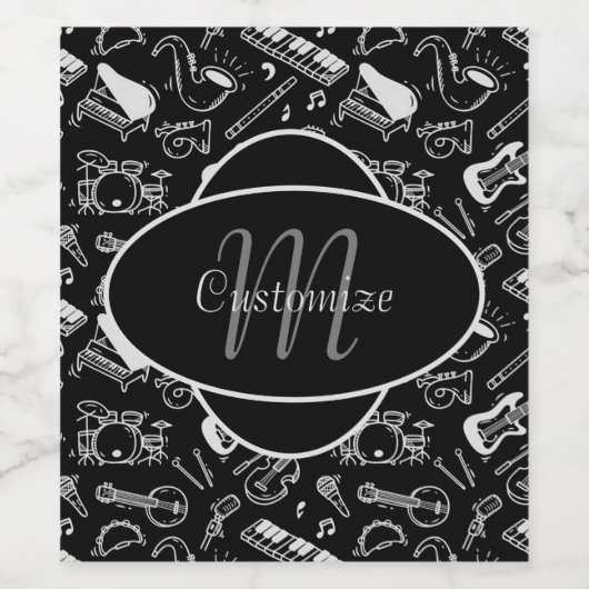 Monogrammed Black & White Instruments Pattern Wijn Etiket (Enkel label)