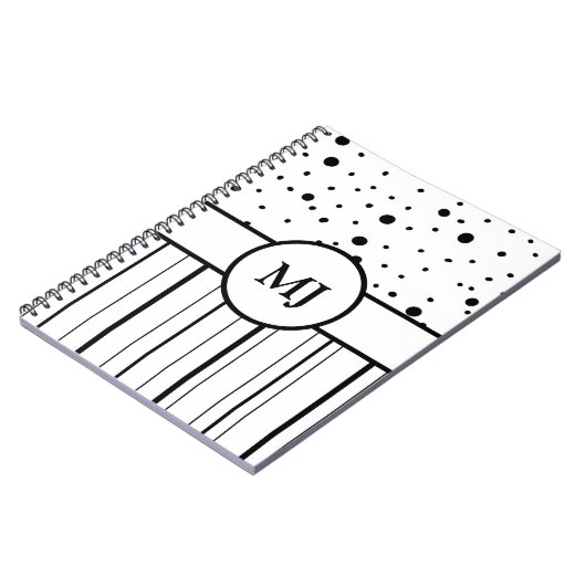 Monogrammed Black White Polka Dots and Stripes Notitieboek (Linkerzijde)