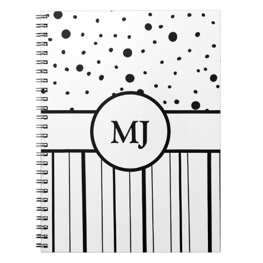 Monogrammed Black White Polka Dots and Stripes Notitieboek (Voorkant)