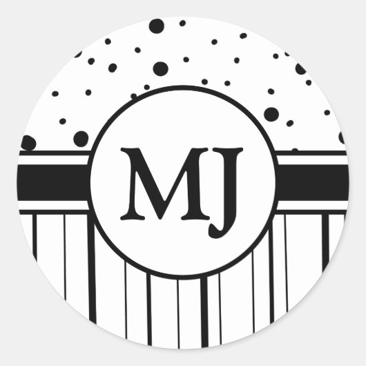 Monogrammed Black White Polka Dots and Stripes Ronde Sticker (Voorkant)