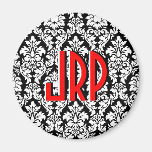 Monogrammed Black White Red Damask Magneet