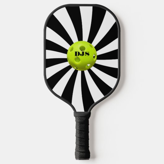 Monogrammed Black, White Starburst Striped Pickleball Paddle (Voorkant)