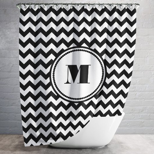 Monogrammed Black White Striped Chevron Pattern Douchegordijn