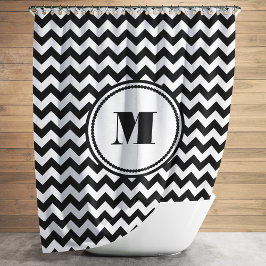 Monogrammed Black White Striped Chevron Pattern Douchegordijn