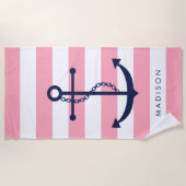 Monogrammed blauw anker op roze strepen strandlaken (Voorkant)