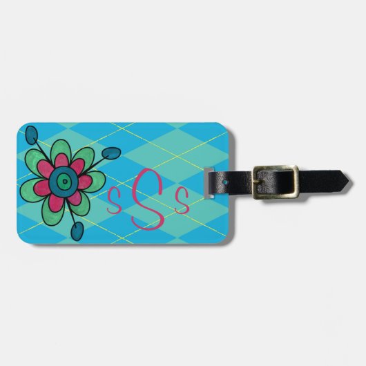 Monogrammed Blauw & Aqua Argyle & Bloem Bagagelabel (Voorkant horizontaal)