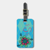 Monogrammed Blauw & Aqua Argyle & Bloem Bagagelabel (Voorkant verticaal)