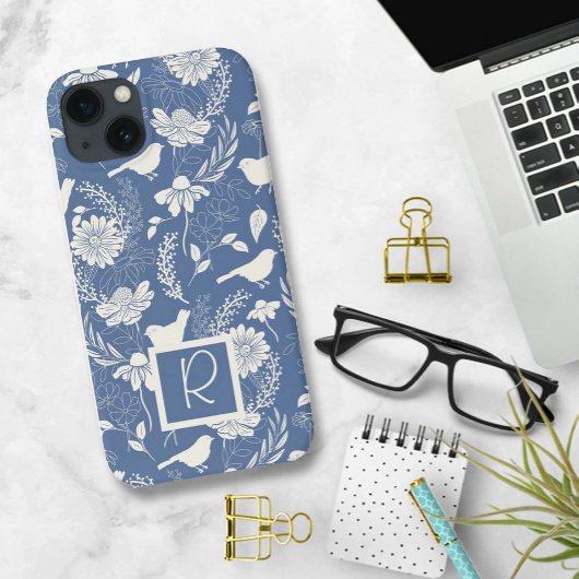 Monogrammed Blauw en Crème Vogels en Bloesems Case-Mate iPhone Case