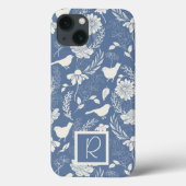 Monogrammed Blauw en Crème Vogels en Bloesems Case-Mate iPhone Case (Achterkant)
