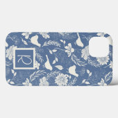 Monogrammed Blauw en Crème Vogels en Bloesems Case-Mate iPhone Case (Achterkant (horizontaal))