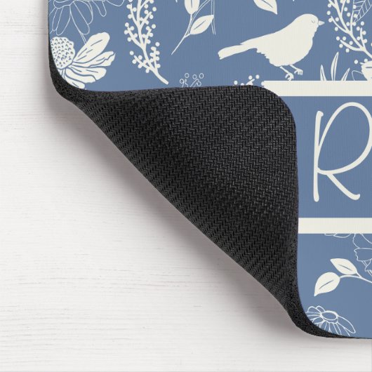 Monogrammed Blauw en Crème Vogels en Bloesems Muismat (Hoek)