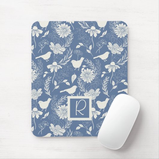Monogrammed Blauw en Crème Vogels en Bloesems Muismat (Met muis)
