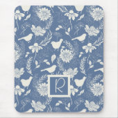Monogrammed Blauw en Crème Vogels en Bloesems Muismat (Voorkant)
