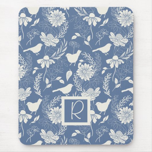 Monogrammed Blauw en Crème Vogels en Bloesems Muismat (Voorkant)