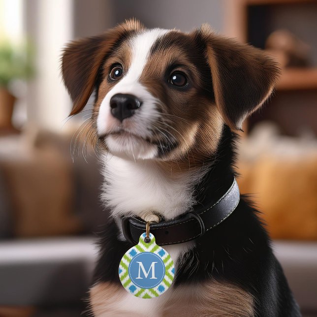 Monogrammed Blauw en Groen Ikat Diamanten Patroon Huisdierpenning (Creator heeft geüpload)