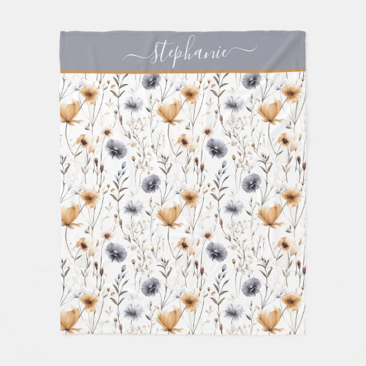 Monogrammed Blauw Grijs Beige Wit Boho Floral Fleece Deken (Voorkant)