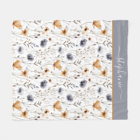 Monogrammed Blauw Grijs Beige Wit Boho Floral Fleece Deken (Voorkant (Horizontaal))