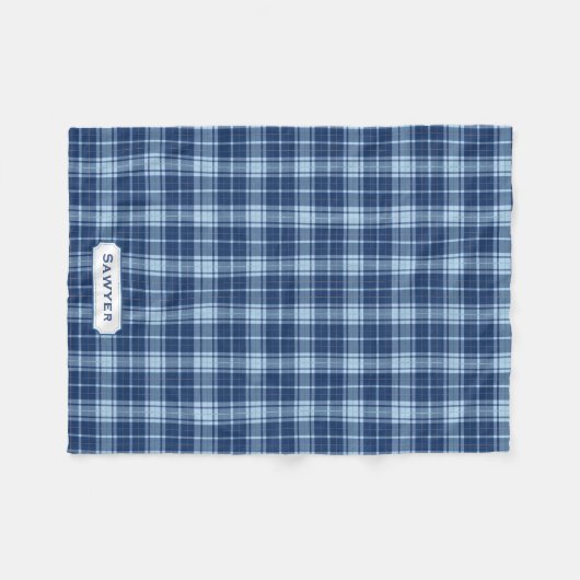 Monogrammed Blauw Plaid Rustiek Preppy Patroon Gez Fleece Deken (Voorkant (Horizontaal))