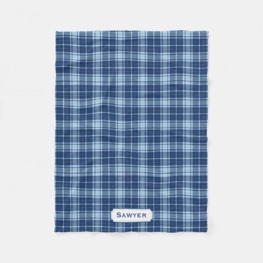 Monogrammed Blauw Plaid Rustiek Preppy Patroon Gez Fleece Deken (Voorkant)