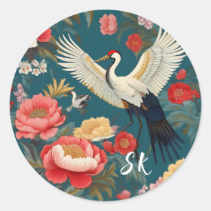 Monogrammed Blauw & Rood Bloemen & Kranen Chinoise Ronde Sticker