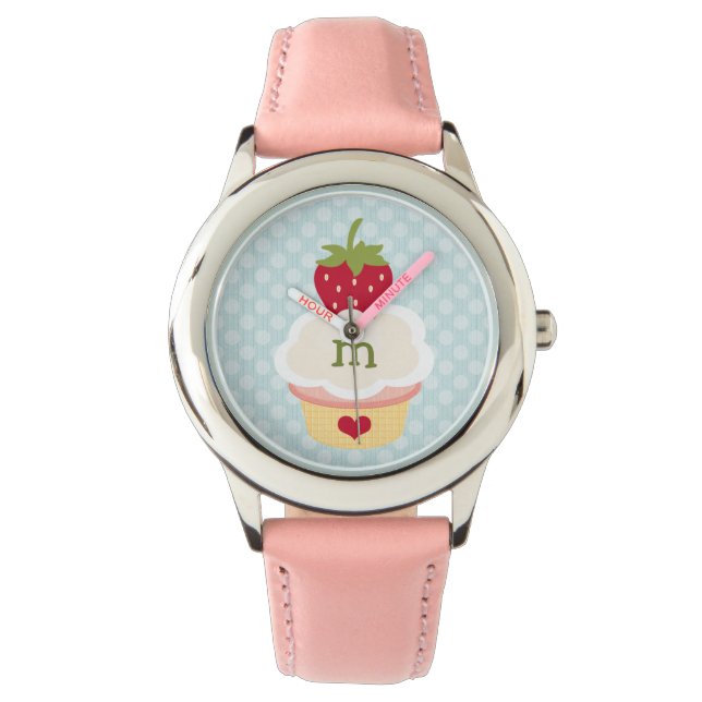 Monogrammed Blauwe Aardbei Cupcake Horloge (Voorkant)