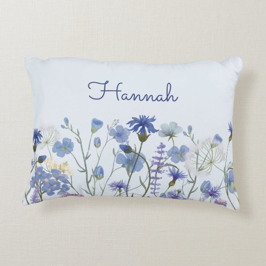Monogrammed Blauwe Waterverf Wildbloem kwekerij Accent Kussen (Achterkant)