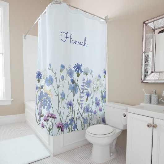 Monogrammed Blauwe Waterverf Wildbloem kwekerij Douchegordijn (In situ)