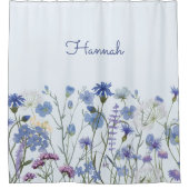Monogrammed Blauwe Waterverf Wildbloem kwekerij Douchegordijn (Voorkant)