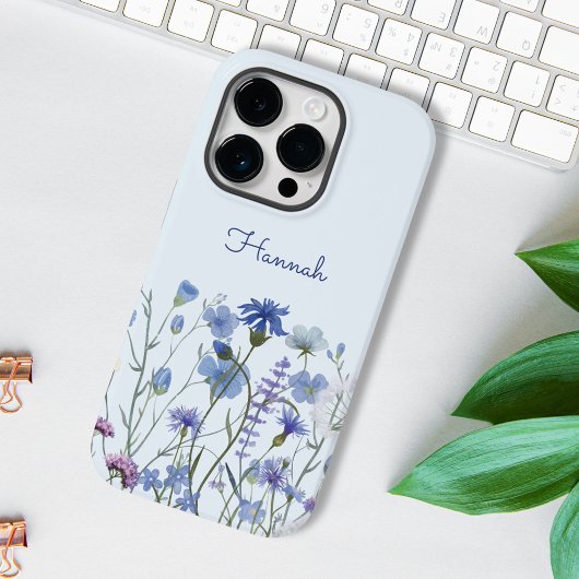 Monogrammed Blauwe Waterverf Wildflower Garden Case-Mate iPhone Case